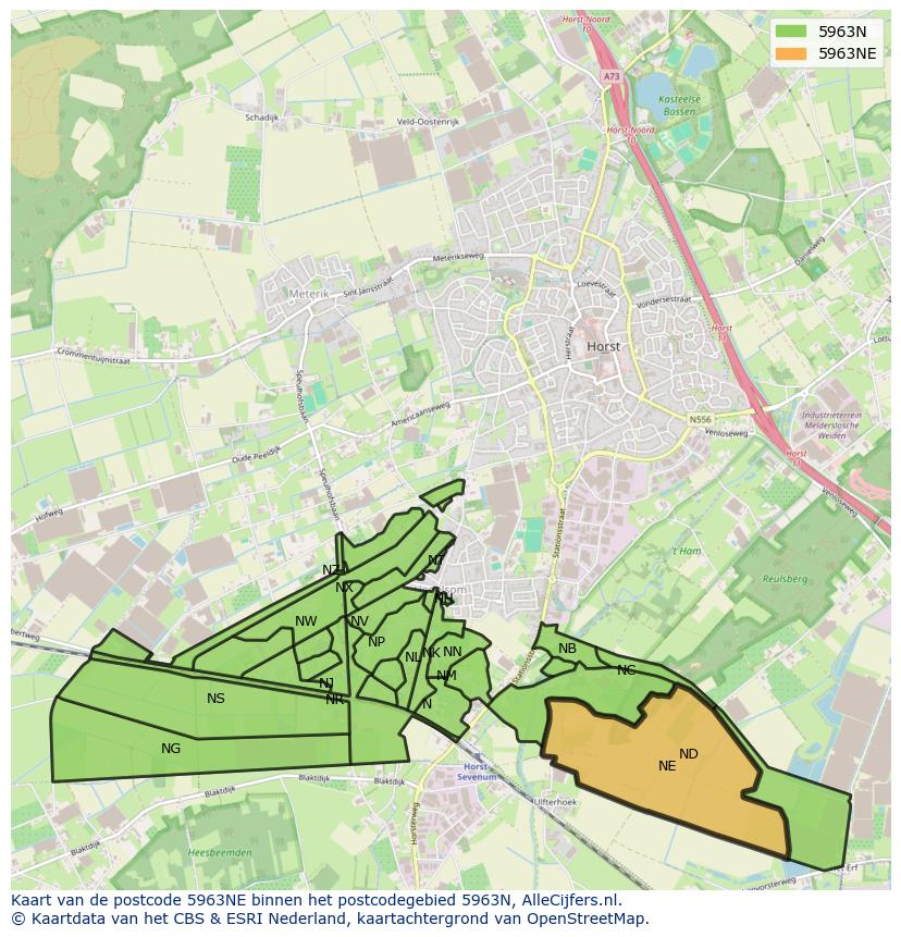 Afbeelding van het postcodegebied 5963 NE op de kaart.