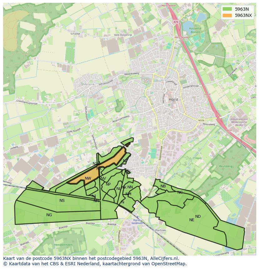 Afbeelding van het postcodegebied 5963 NX op de kaart.