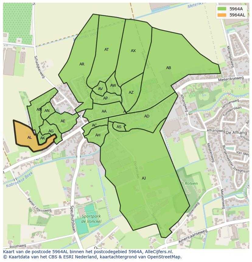 Afbeelding van het postcodegebied 5964 AL op de kaart.