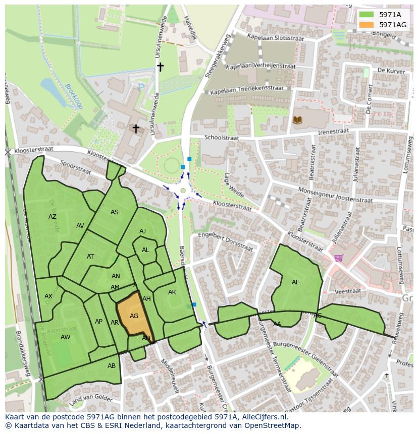 Afbeelding van het postcodegebied 5971 AG op de kaart.