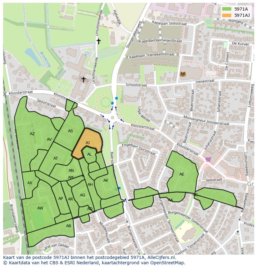 Afbeelding van het postcodegebied 5971 AJ op de kaart.