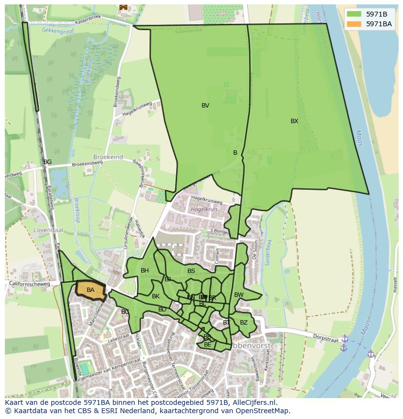 Afbeelding van het postcodegebied 5971 BA op de kaart.