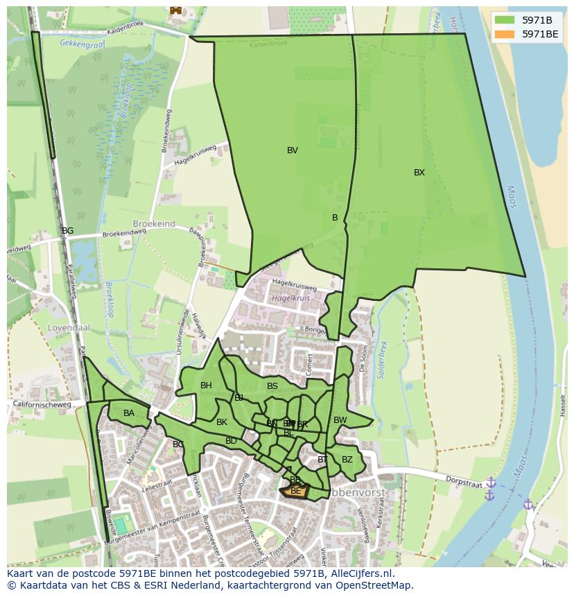 Afbeelding van het postcodegebied 5971 BE op de kaart.