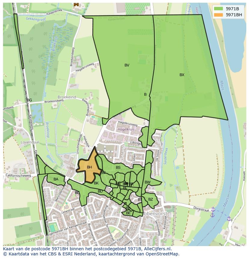 Afbeelding van het postcodegebied 5971 BH op de kaart.