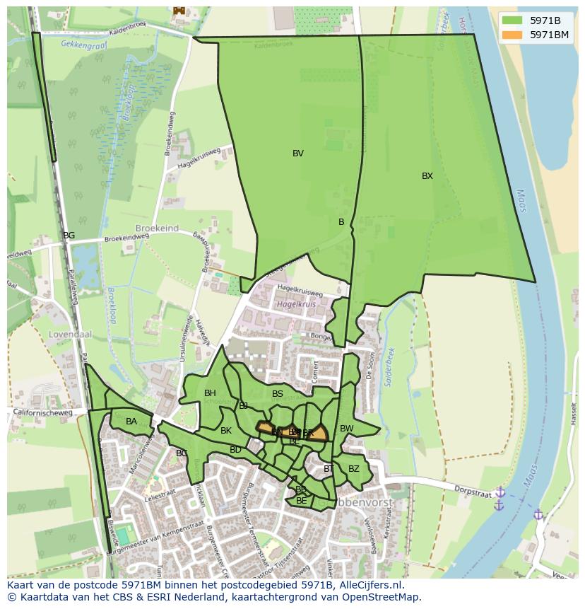 Afbeelding van het postcodegebied 5971 BM op de kaart.