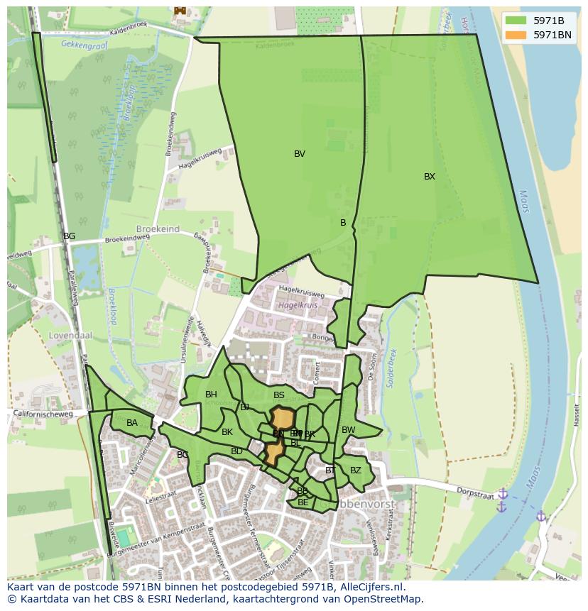 Afbeelding van het postcodegebied 5971 BN op de kaart.