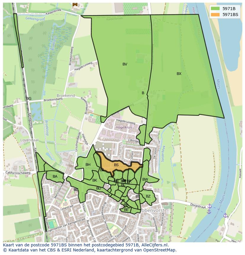 Afbeelding van het postcodegebied 5971 BS op de kaart.