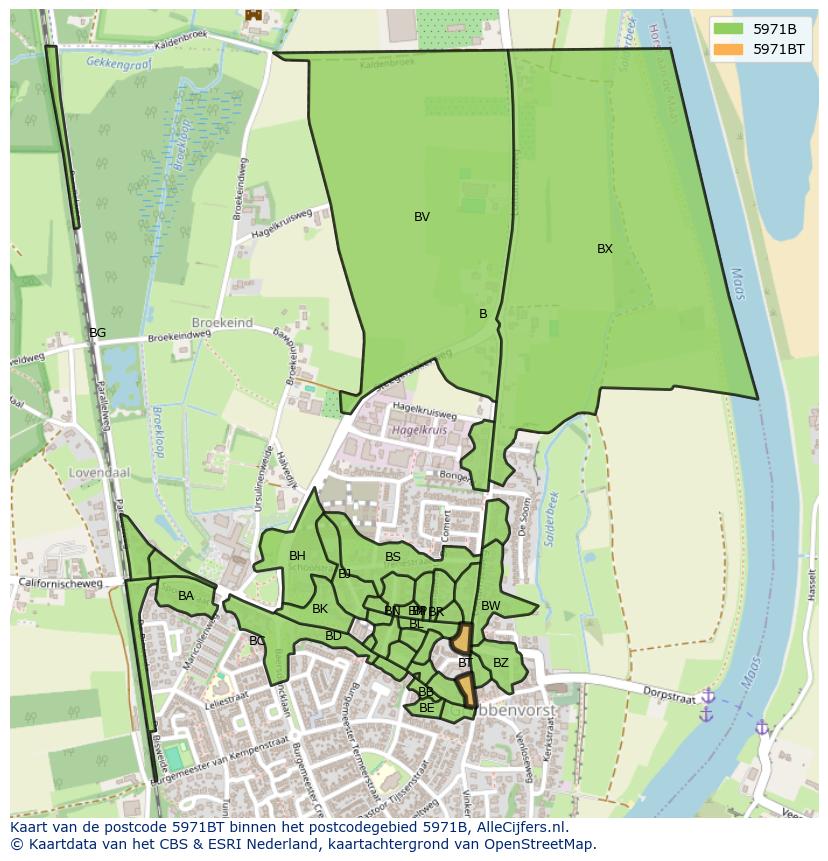 Afbeelding van het postcodegebied 5971 BT op de kaart.