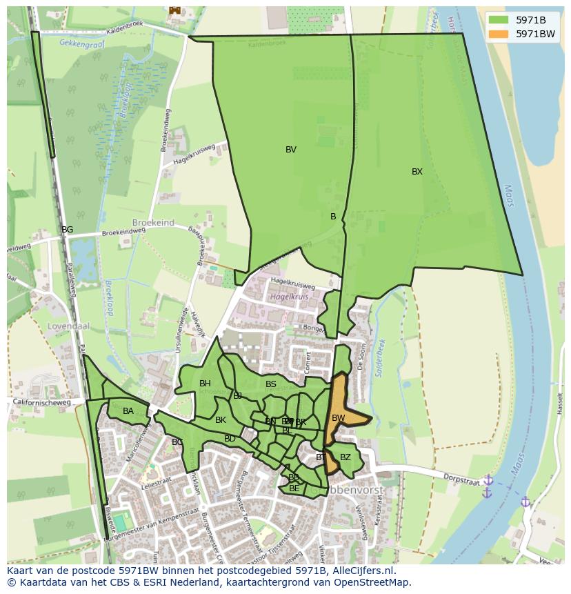 Afbeelding van het postcodegebied 5971 BW op de kaart.