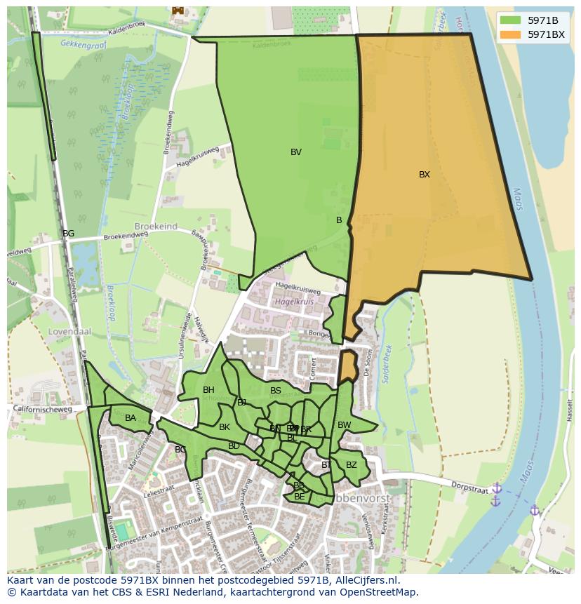 Afbeelding van het postcodegebied 5971 BX op de kaart.
