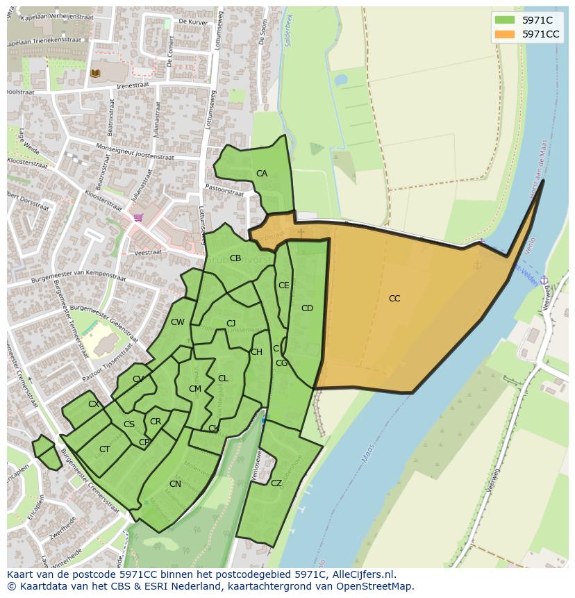 Afbeelding van het postcodegebied 5971 CC op de kaart.