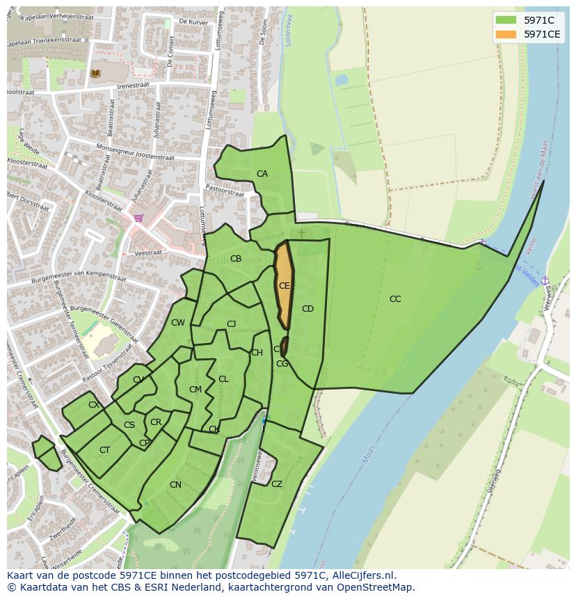 Afbeelding van het postcodegebied 5971 CE op de kaart.