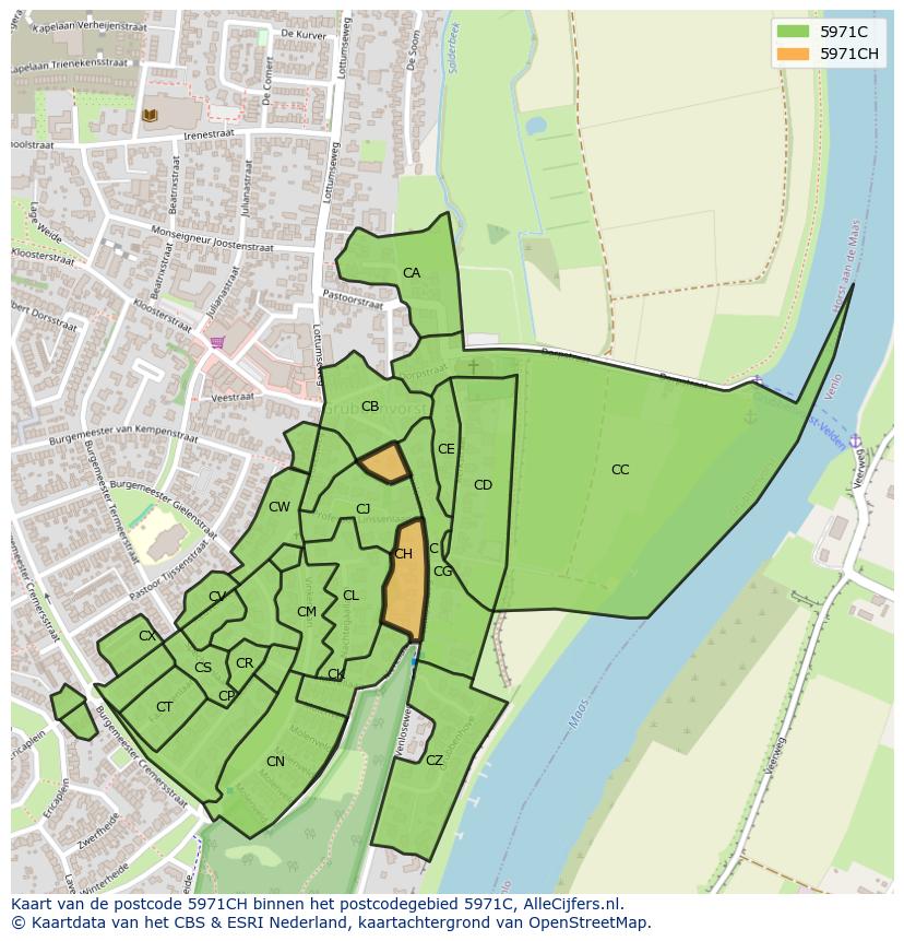 Afbeelding van het postcodegebied 5971 CH op de kaart.