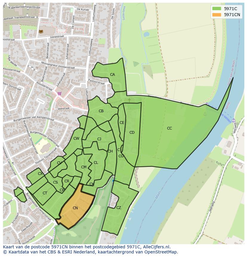 Afbeelding van het postcodegebied 5971 CN op de kaart.