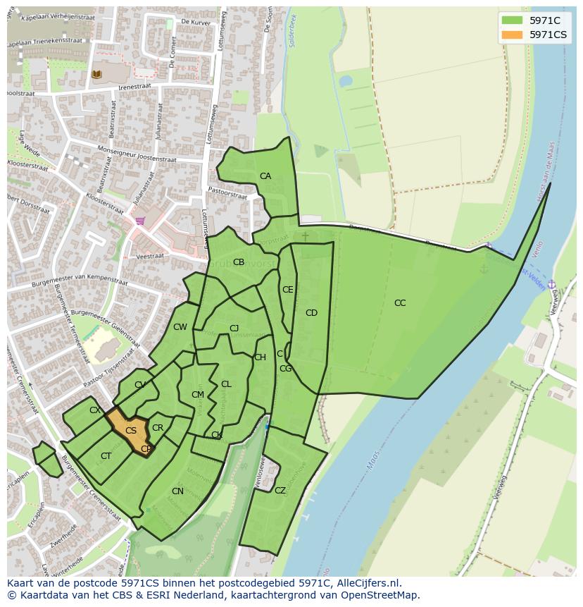 Afbeelding van het postcodegebied 5971 CS op de kaart.