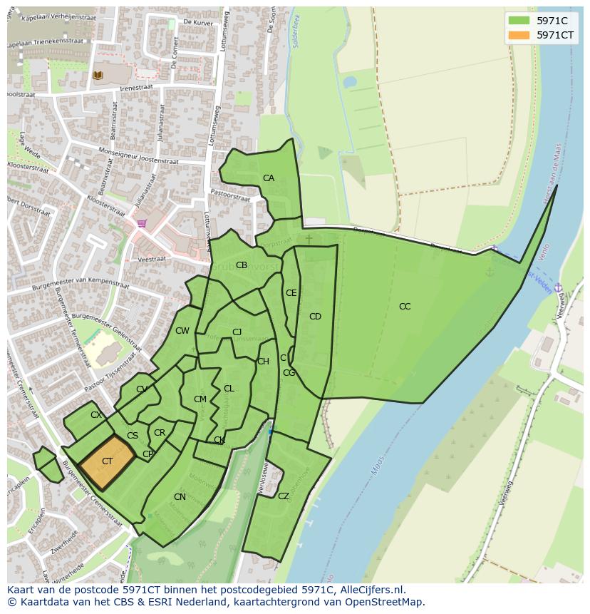 Afbeelding van het postcodegebied 5971 CT op de kaart.