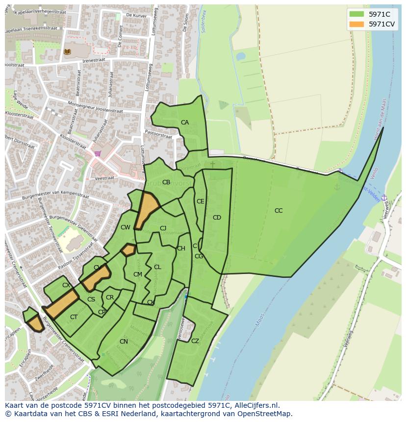 Afbeelding van het postcodegebied 5971 CV op de kaart.