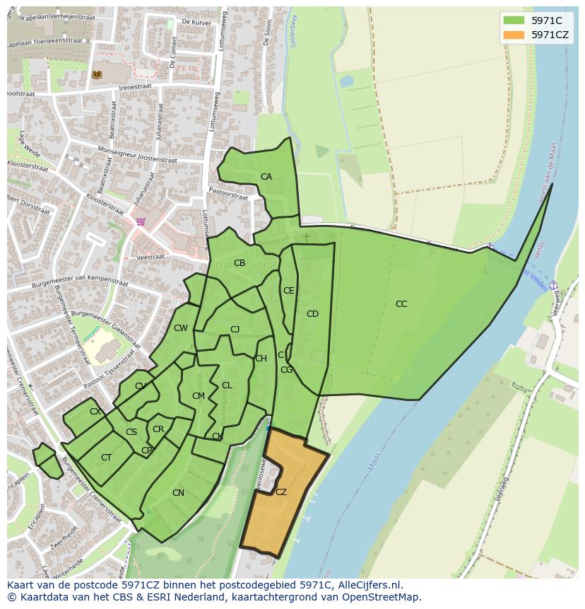 Afbeelding van het postcodegebied 5971 CZ op de kaart.