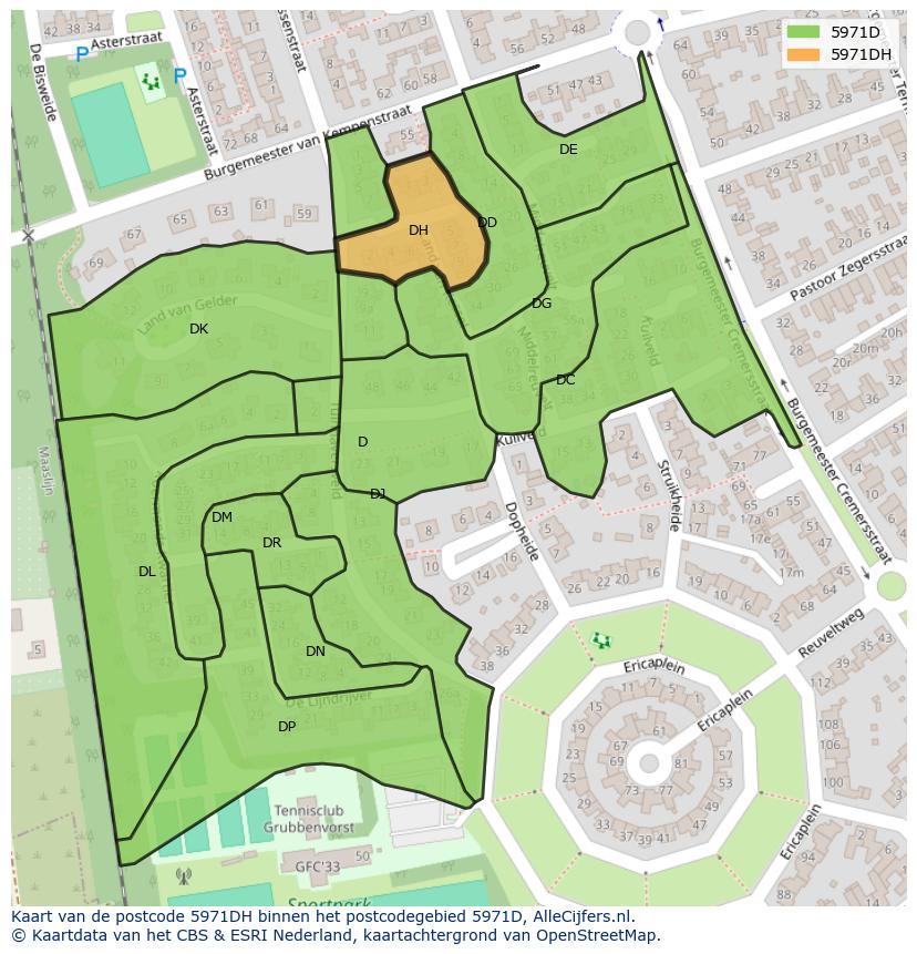 Afbeelding van het postcodegebied 5971 DH op de kaart.