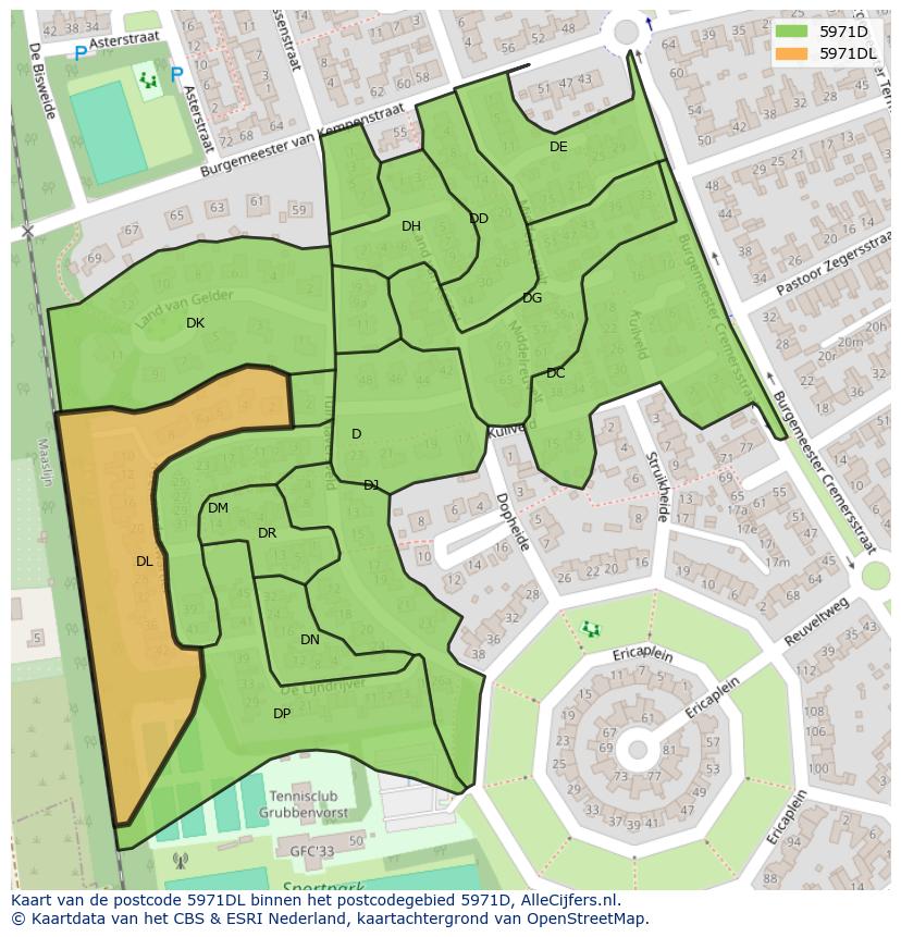 Afbeelding van het postcodegebied 5971 DL op de kaart.