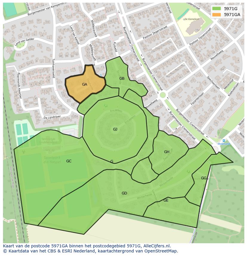 Afbeelding van het postcodegebied 5971 GA op de kaart.