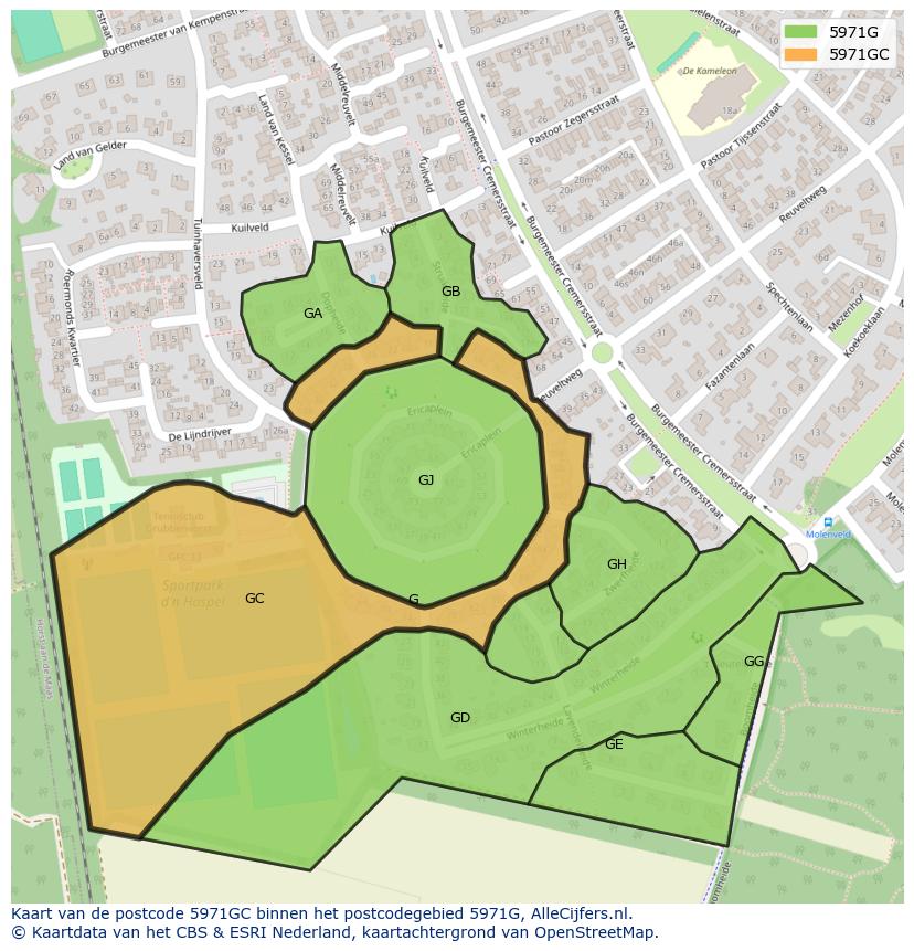 Afbeelding van het postcodegebied 5971 GC op de kaart.