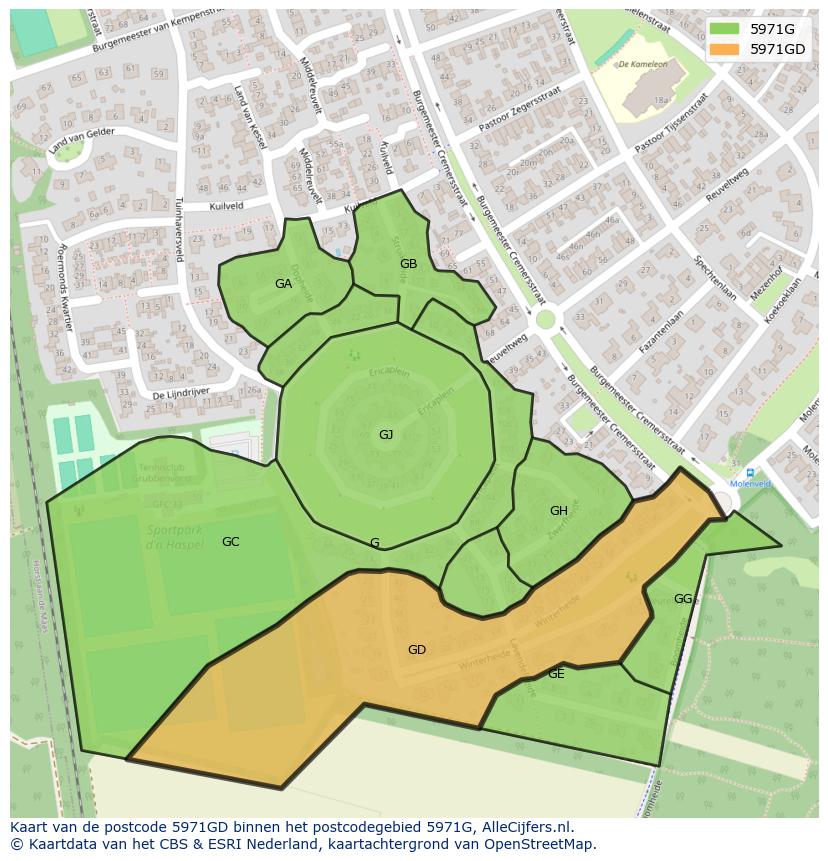 Afbeelding van het postcodegebied 5971 GD op de kaart.