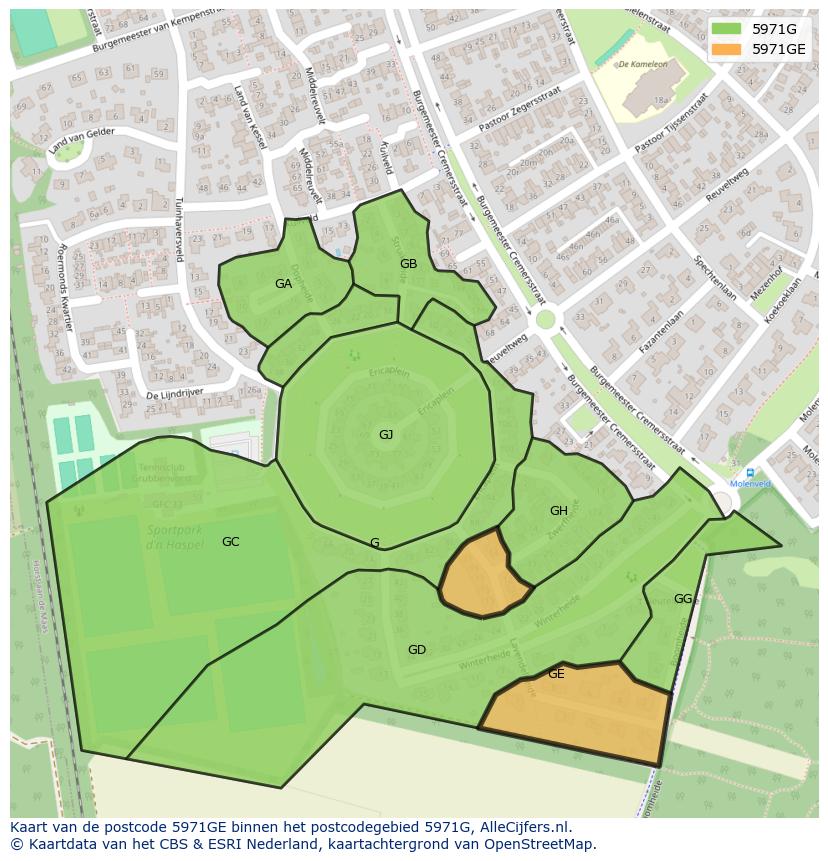 Afbeelding van het postcodegebied 5971 GE op de kaart.