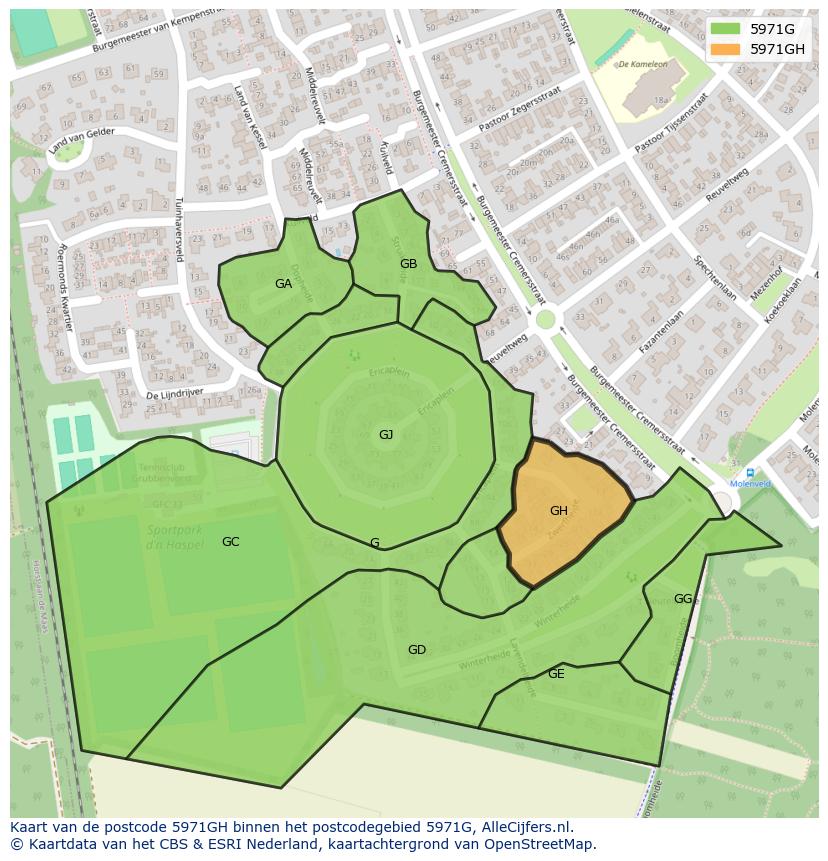 Afbeelding van het postcodegebied 5971 GH op de kaart.