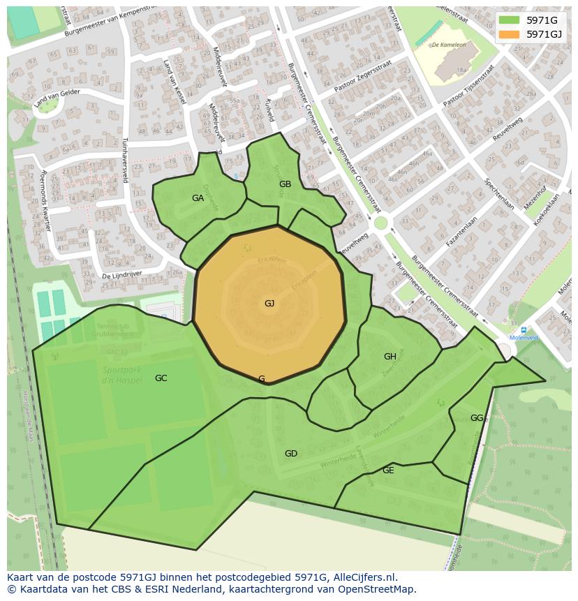 Afbeelding van het postcodegebied 5971 GJ op de kaart.
