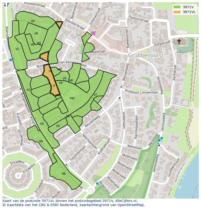 Afbeelding van het postcodegebied 5971 VL op de kaart.