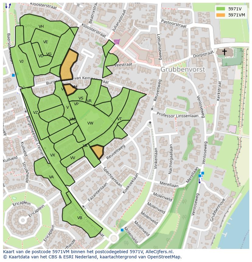 Afbeelding van het postcodegebied 5971 VM op de kaart.