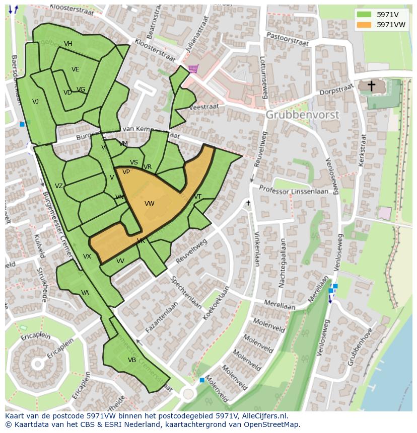 Afbeelding van het postcodegebied 5971 VW op de kaart.