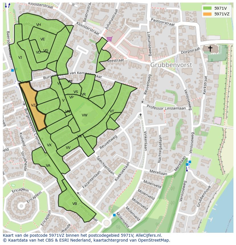 Afbeelding van het postcodegebied 5971 VZ op de kaart.