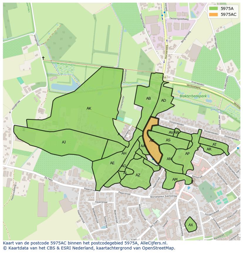Afbeelding van het postcodegebied 5975 AC op de kaart.