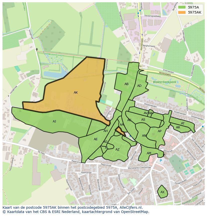Afbeelding van het postcodegebied 5975 AK op de kaart.
