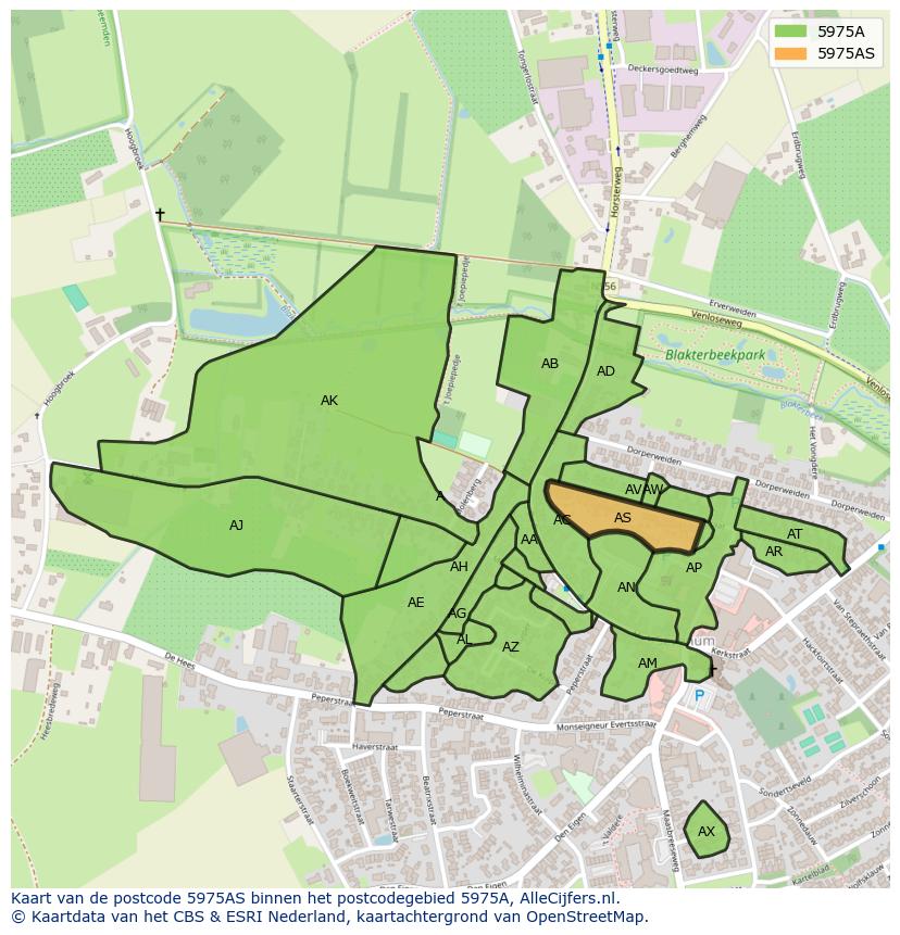 Afbeelding van het postcodegebied 5975 AS op de kaart.