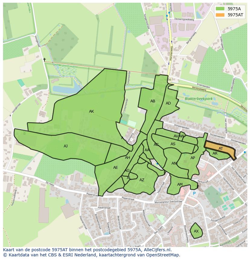 Afbeelding van het postcodegebied 5975 AT op de kaart.