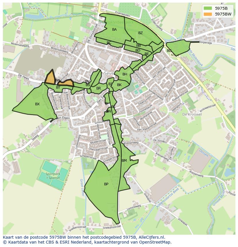 Afbeelding van het postcodegebied 5975 BW op de kaart.