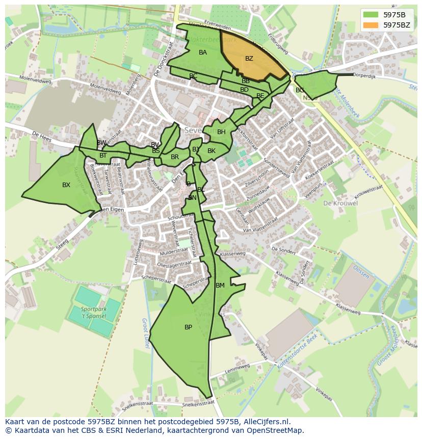 Afbeelding van het postcodegebied 5975 BZ op de kaart.