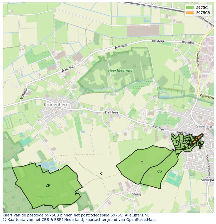 Afbeelding van het postcodegebied 5975 CB op de kaart.