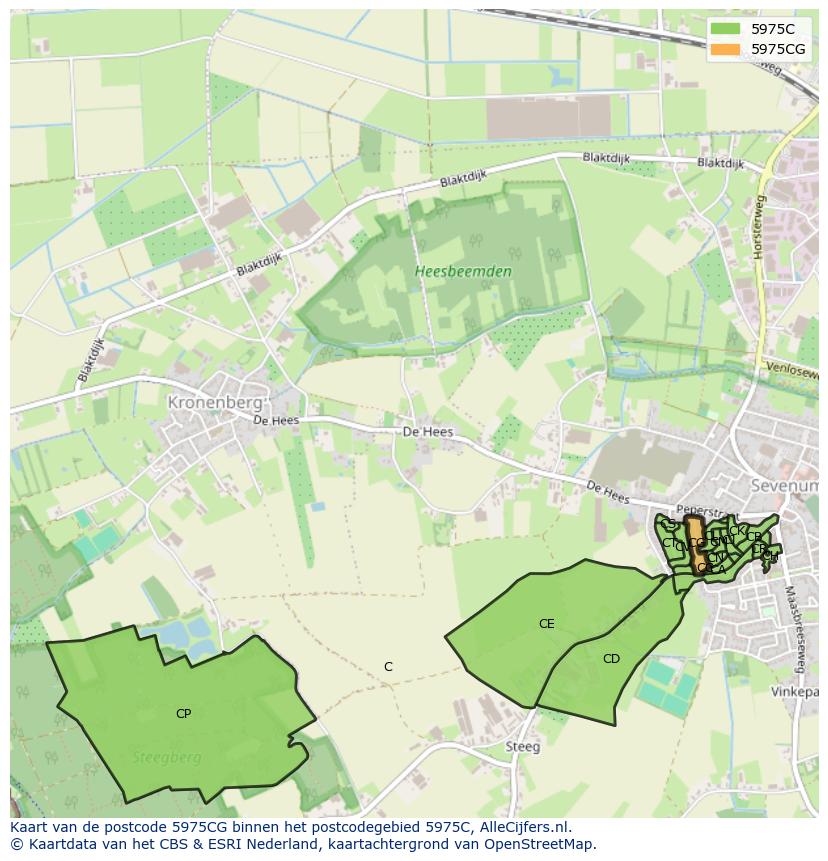Afbeelding van het postcodegebied 5975 CG op de kaart.
