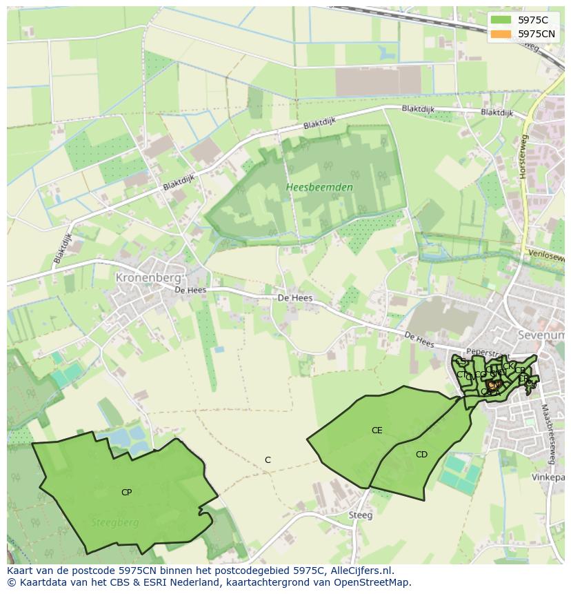 Afbeelding van het postcodegebied 5975 CN op de kaart.