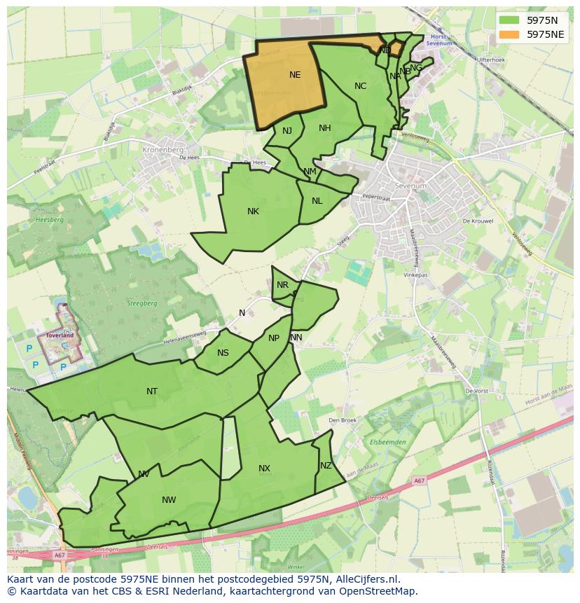 Afbeelding van het postcodegebied 5975 NE op de kaart.