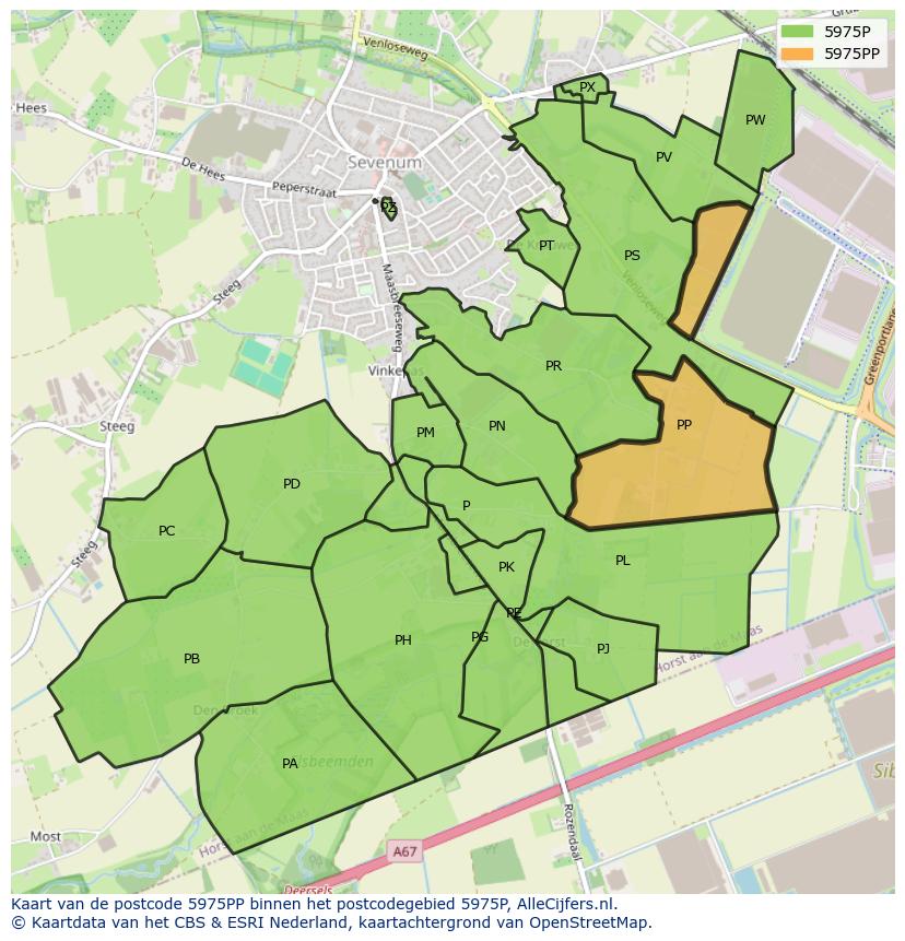 Afbeelding van het postcodegebied 5975 PP op de kaart.