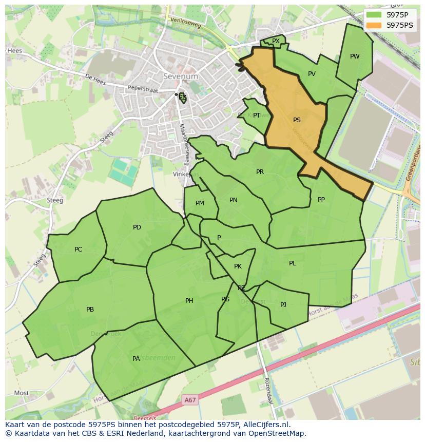 Afbeelding van het postcodegebied 5975 PS op de kaart.
