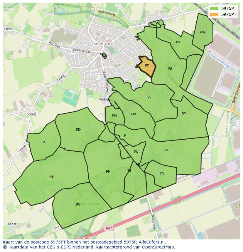 Afbeelding van het postcodegebied 5975 PT op de kaart.
