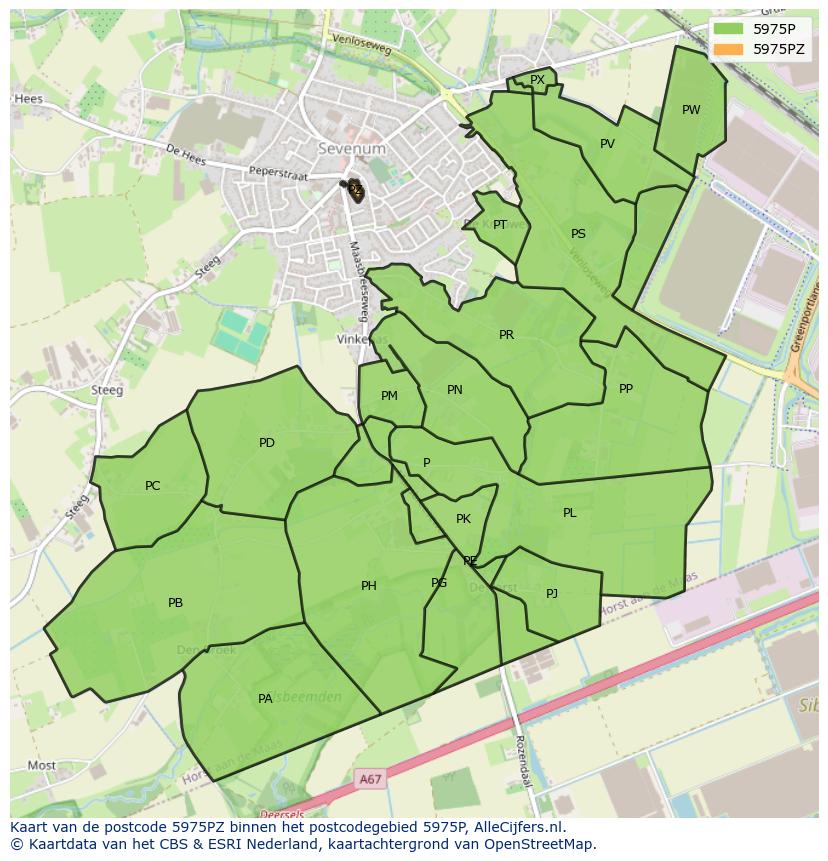 Afbeelding van het postcodegebied 5975 PZ op de kaart.