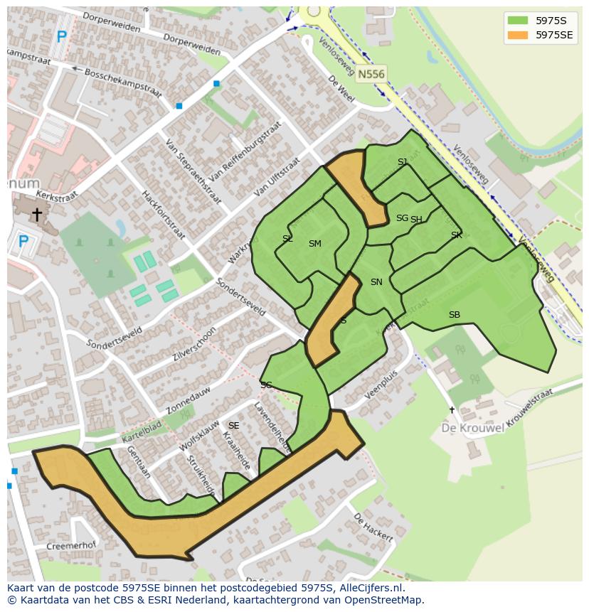 Afbeelding van het postcodegebied 5975 SE op de kaart.