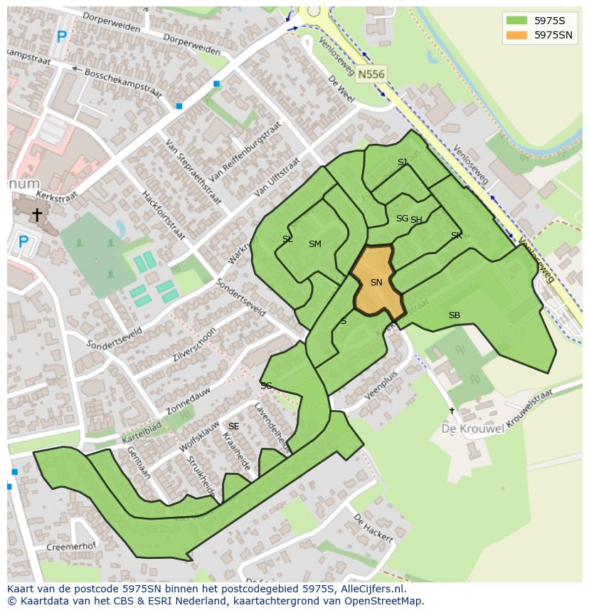 Afbeelding van het postcodegebied 5975 SN op de kaart.
